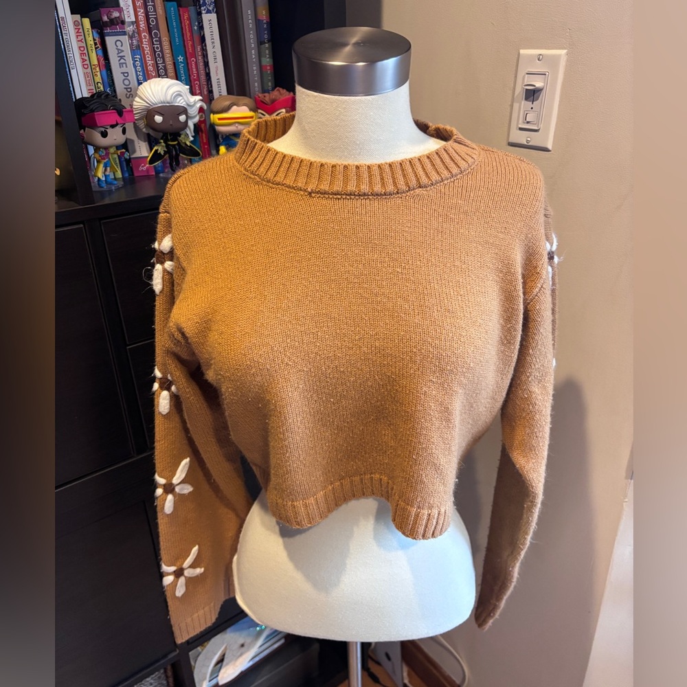 Altar’d State Tan Sweater with Floral Accents